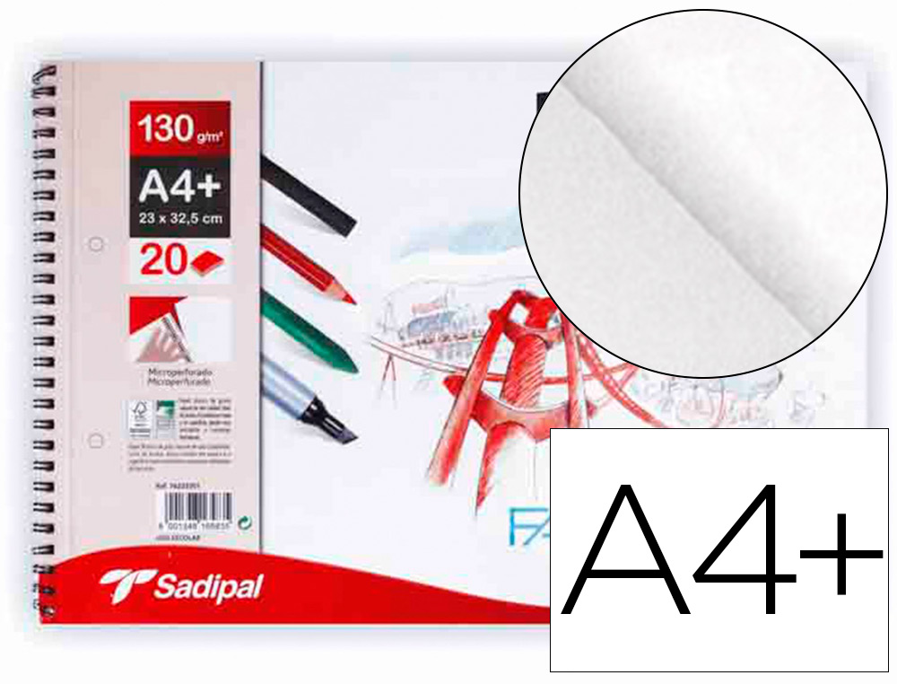 BLOC DIBUJO SADIPAL FABRIANO DIN A4+ ESPIRAL 20 HOJAS 2 TALADROS 130G/M2 GRANO SUAVE MICROPERFORADO LISO