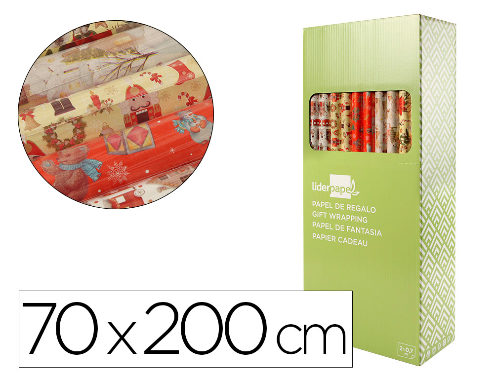 PAPEL DE REGALO LIDERPAPEL NAVIDAD ROLLO ANCHO 70 CM LONGITUD 2 MT GRAMAJE 60 GR DISEOS SURTIDOS
