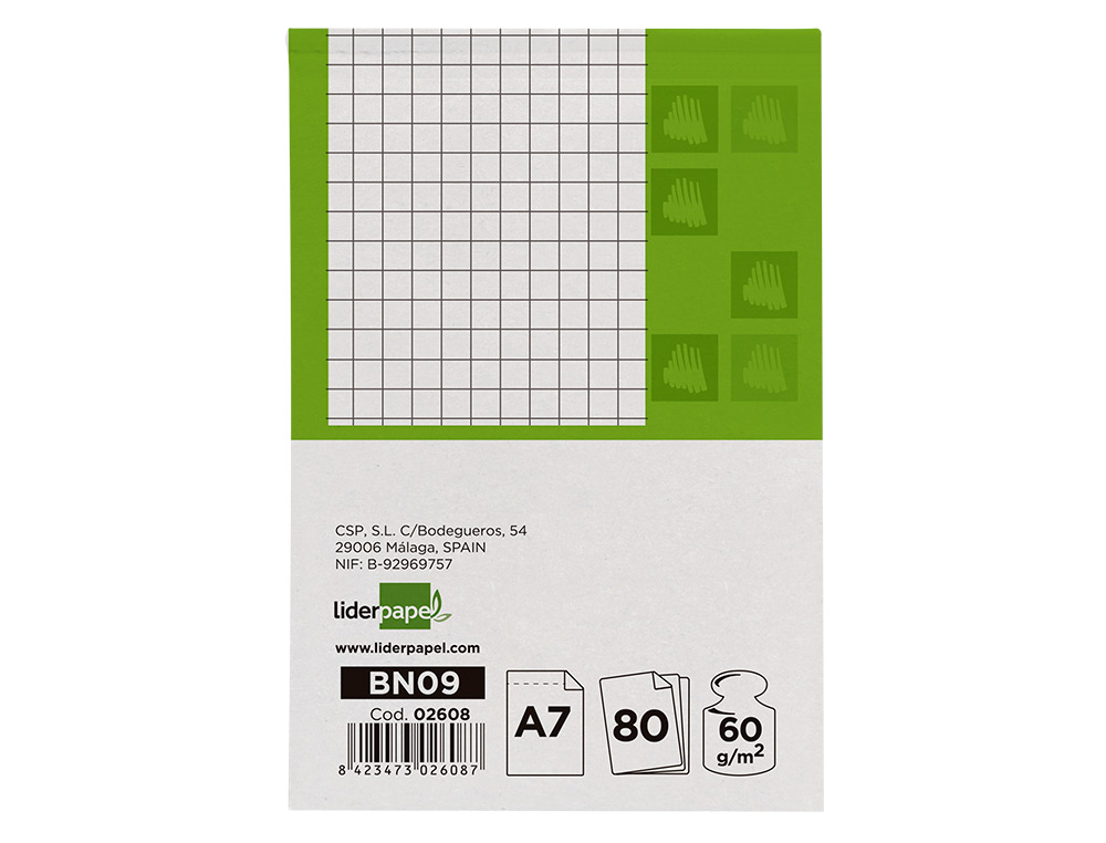 BLOC NOTAS LIDERPAPEL CUADRO 4MM A7 80 HOJAS 60G/M2 PERFORADO
