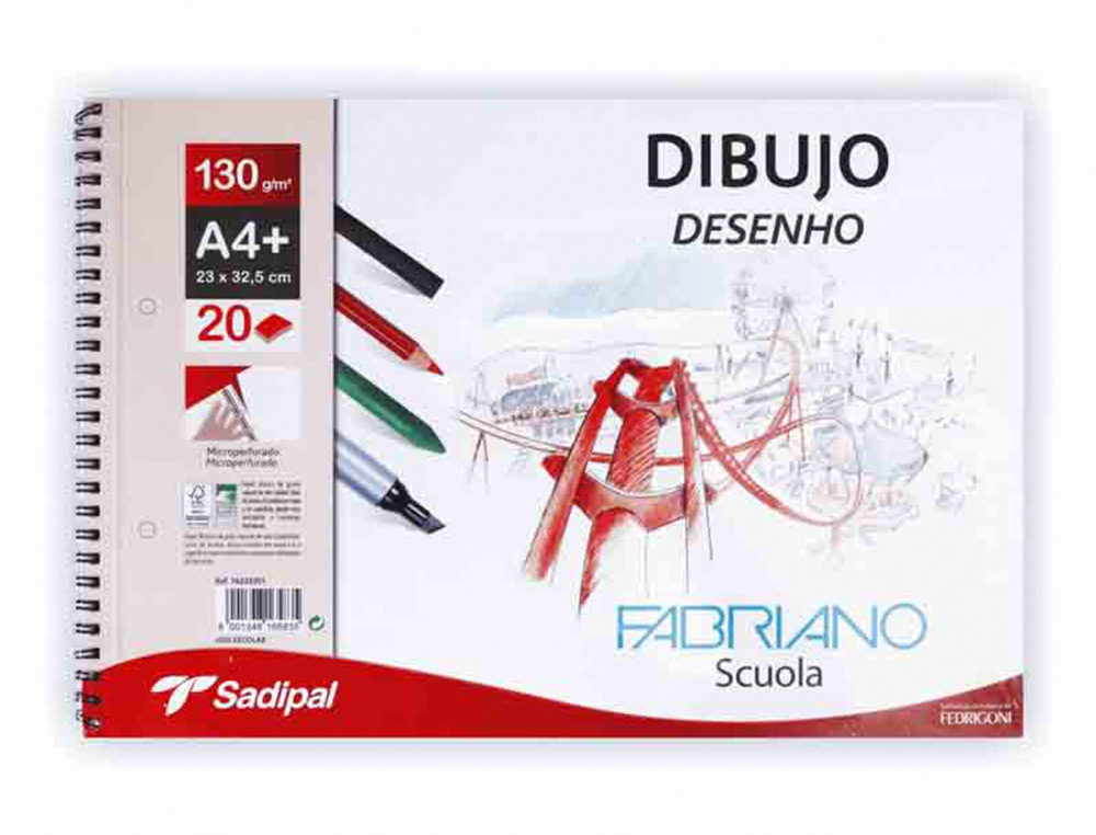 BLOC DIBUJO SADIPAL FABRIANO DIN A4+ ESPIRAL 20 HOJAS 2 TALADROS 130G/M2 GRANO SUAVE MICROPERFORADO LISO