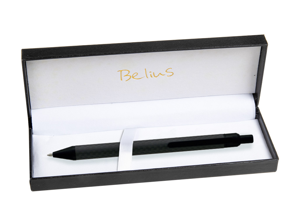 BOLIGRAFO BELIUS POTSDAM NEGRO CUERPO FIBRA CARBON TINTA GEL AZUL EN ESTUCHE