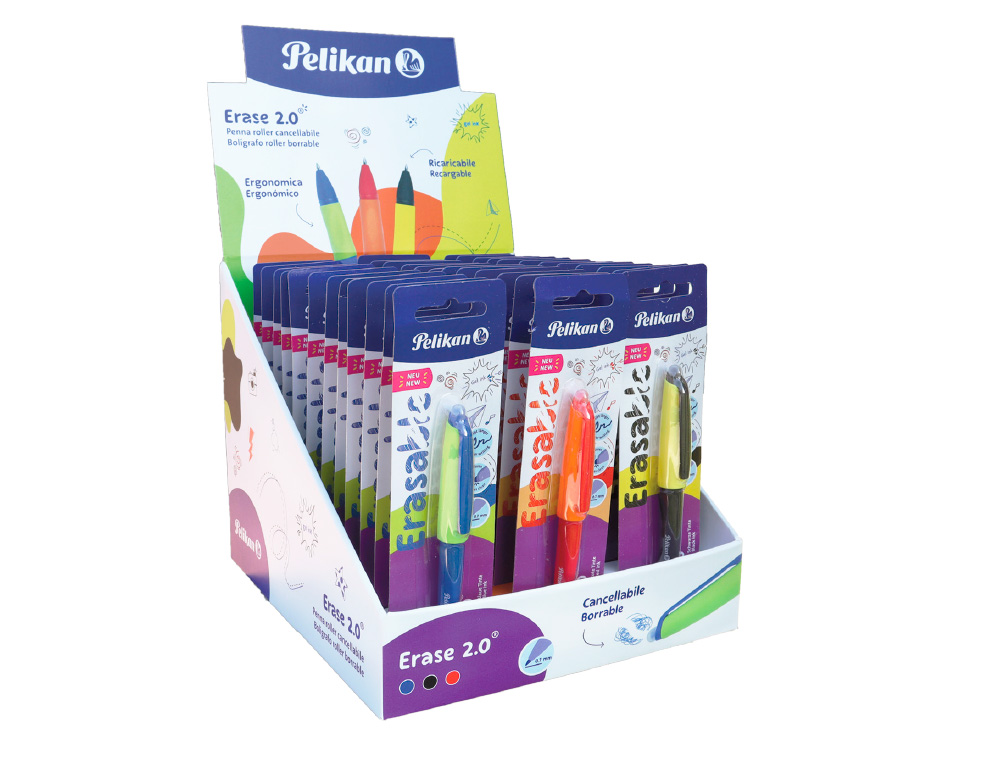 EXPOSITOR PELIKAN SOBREMESA ERASE 2.0 CONTENIDO 60 ROLLERS COLORES SURTIDOS Y 36 RECAMBIOS COLORES SURTIDOS