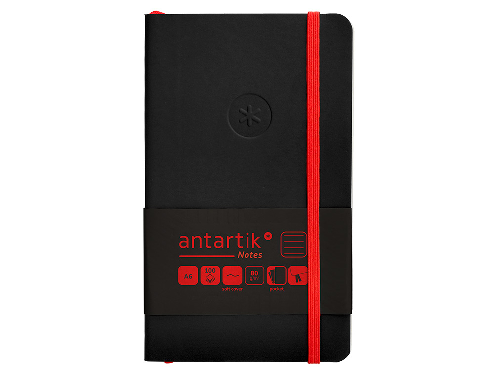 CUADERNO CON GOMILLA ANTARTIK NOTES TAPA BLANDA A6 RAYAS NEGRO Y ROJO 100 HOJAS 80 GR FSC