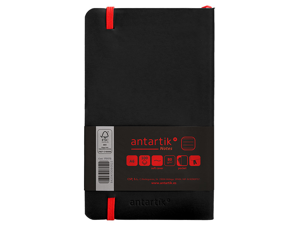 CUADERNO CON GOMILLA ANTARTIK NOTES TAPA BLANDA A6 RAYAS NEGRO Y ROJO 100 HOJAS 80 GR FSC
