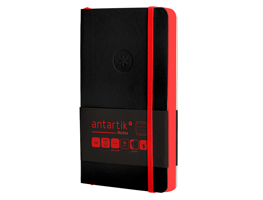 CUADERNO CON GOMILLA ANTARTIK NOTES TAPA BLANDA A6 RAYAS NEGRO Y ROJO 100 HOJAS 80 GR FSC
