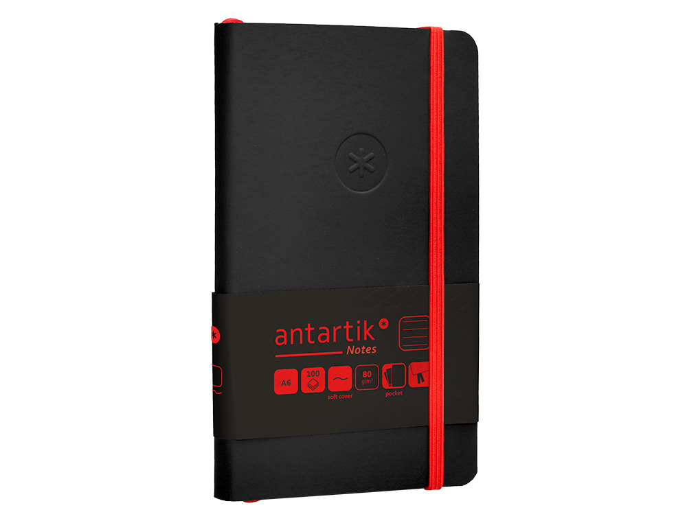 CUADERNO CON GOMILLA ANTARTIK NOTES TAPA BLANDA A6 RAYAS NEGRO Y ROJO 100 HOJAS 80 GR FSC