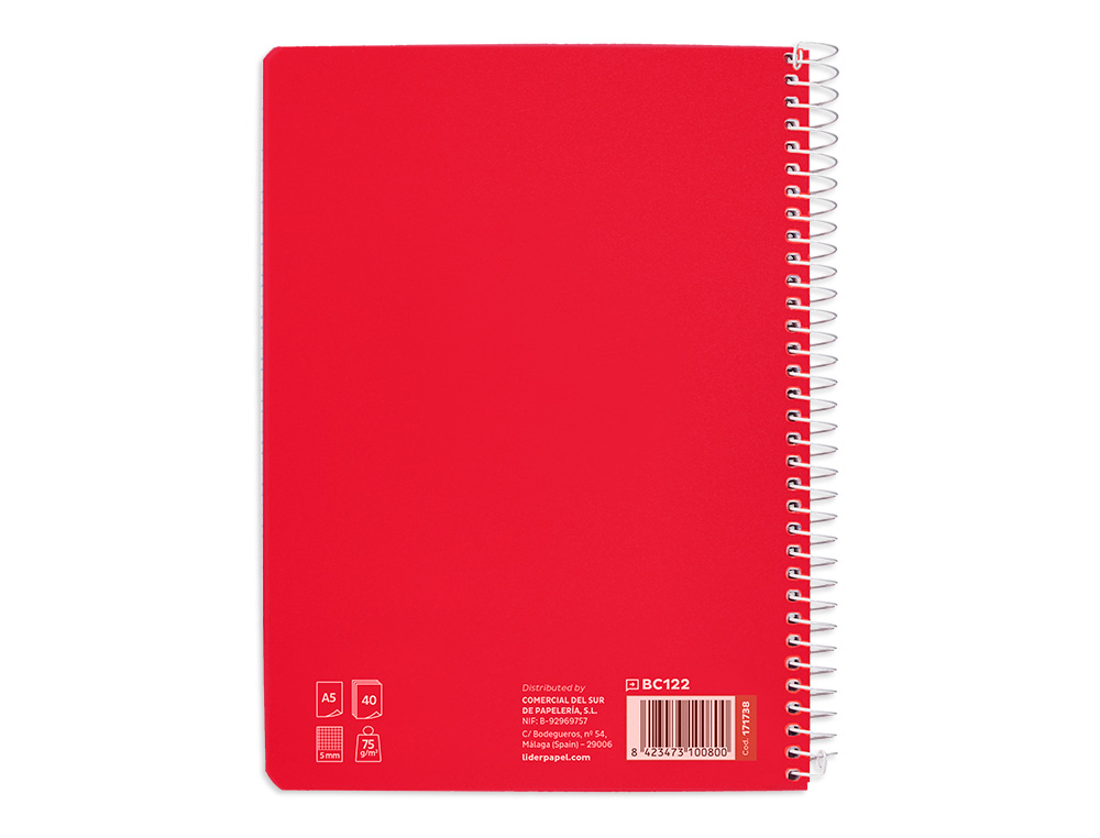 CUADERNO ESPIRAL LIDERPAPEL DIN A5 PAUTAGUIA TAPA BLANDA 40H 75 GR CUADRO PAUTADO 5MM COLOR ROJO
