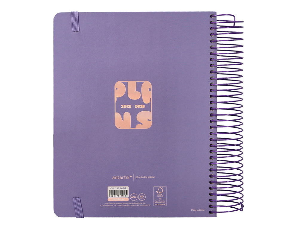 AGENDA ESCOLAR ANTARTIK 25-26 ESPIRAL PLANS MORADO DIA PAGINA A5 BILINGÜE PAPEL FSC 80 GR