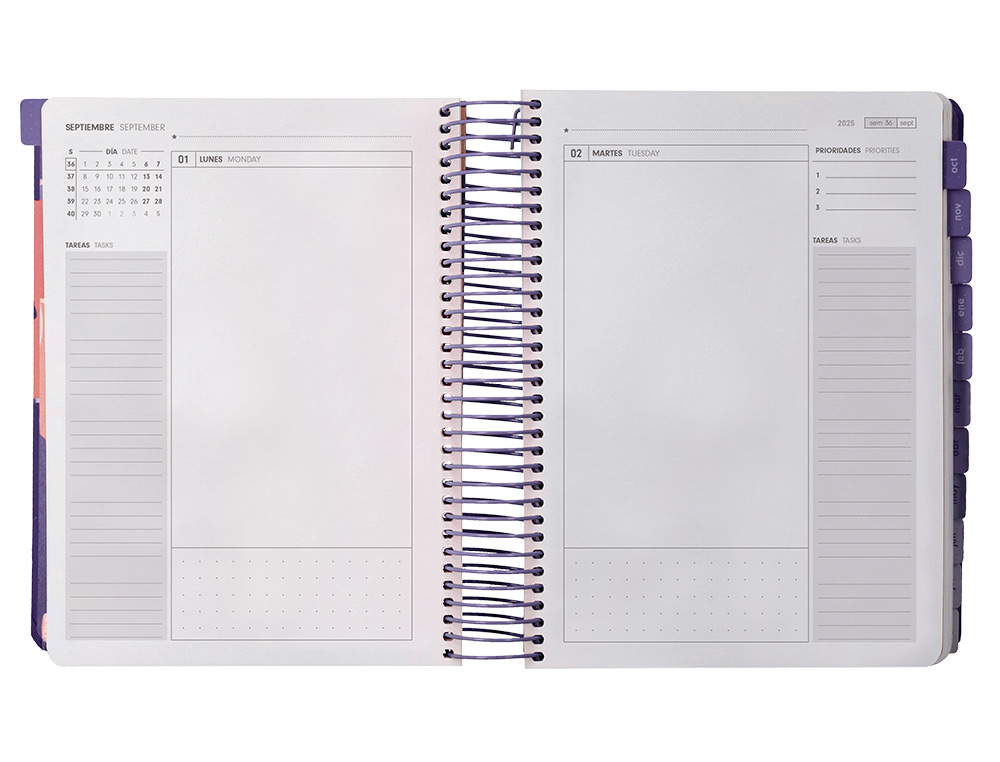 AGENDA ESCOLAR ANTARTIK 25-26 ESPIRAL PLANS MORADO DIA PAGINA A5 BILINGÜE PAPEL FSC 80 GR