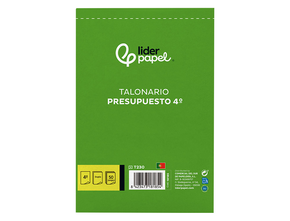 TALONARIO LIDERPAPEL PRESUPUESTO CUARTO ORIGINAL Y COPIA T230