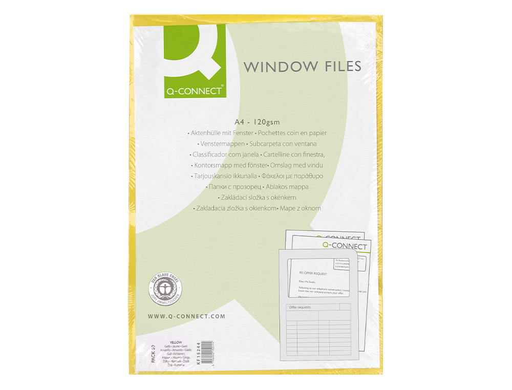 SUBCARPETA CARTULINA Q-CONNECT DIN A4 AMARILLA CON VENTANA TRANSPARENTE 120 G/M2