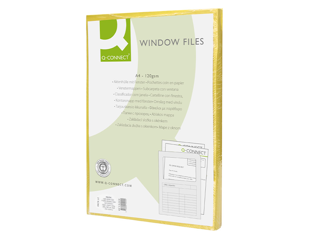 SUBCARPETA CARTULINA Q-CONNECT DIN A4 AMARILLA CON VENTANA TRANSPARENTE 120 G/M2