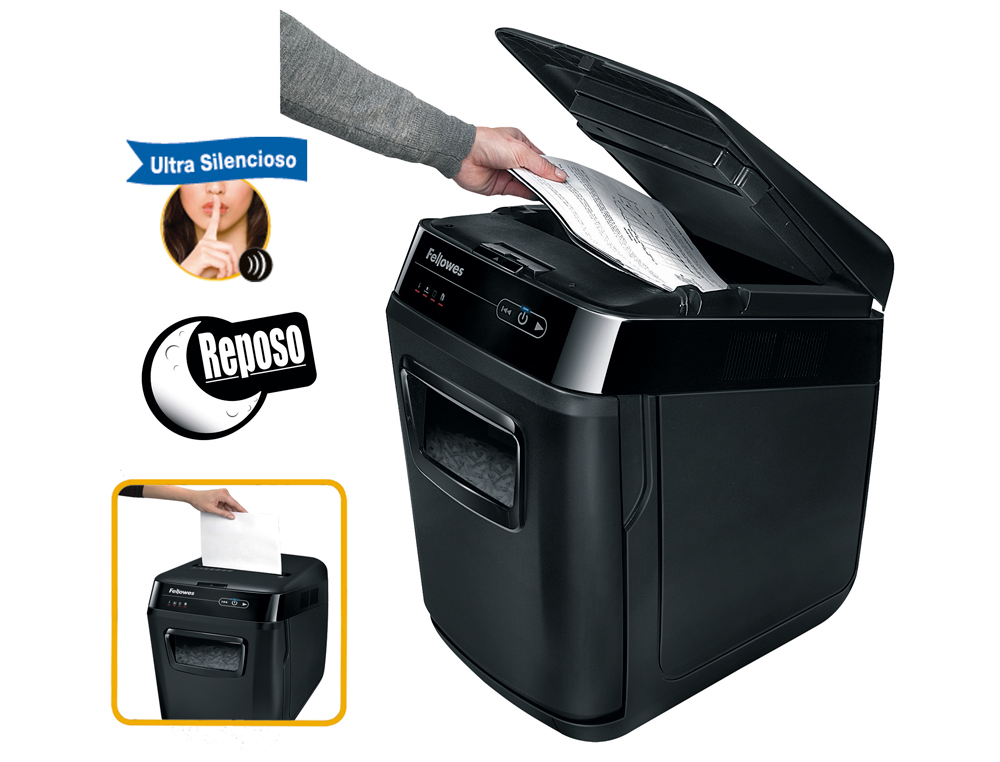 DESTRUCTORA DE DOCUMENTOS FELLOWES AUTOMAX 200C CAPACIDAD DE CORTE 200 HOJAS DESTRUYE CLIPS TARJETAS Y CD