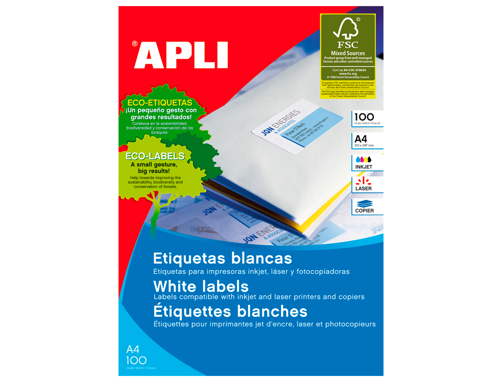 ETIQUETA ADHESIVA APLI 1284 TAMAÑO 52,5 X 21,2 MM PARA FOTOCOPIADORA LASER INK-JET CAJA CON 100 HOJAS DIN A4