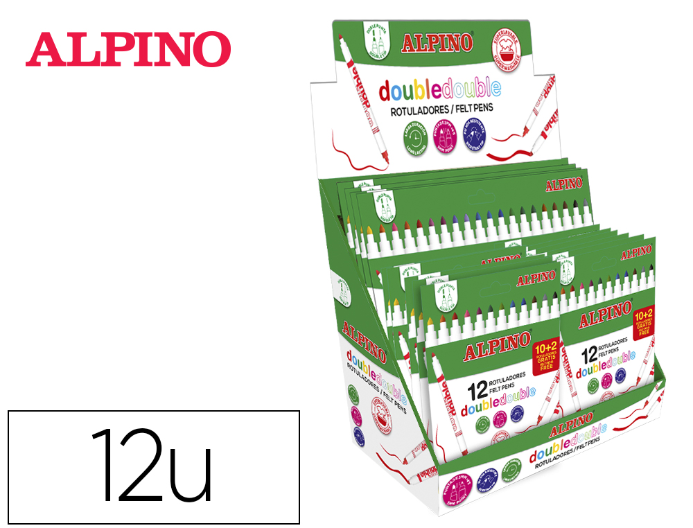ROTULADOR ALPINO DOBLE DOBLE PUNTA GRUESA Y PUNTA FINA EXPOSITOR DE 12 ESTUCHES 10+2 Y 6 ESTUCHES DE 20+4