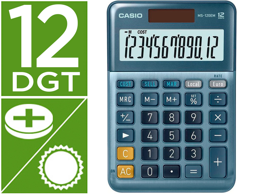 CALCULADORA CASIO MS-120EM SOBREMESA 12 DIGITOS TX +/- TECLA DOBLE CERO COLOR AZUL