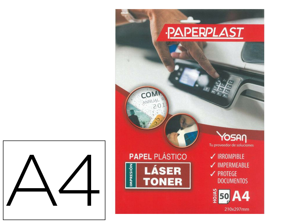 PAPEL PLASTICO YOSAN PAPERPLAST POLIESTER BLANCO BRILLO DIN A4 200 MC IMPRIMIBLE PAQUETE DE 50