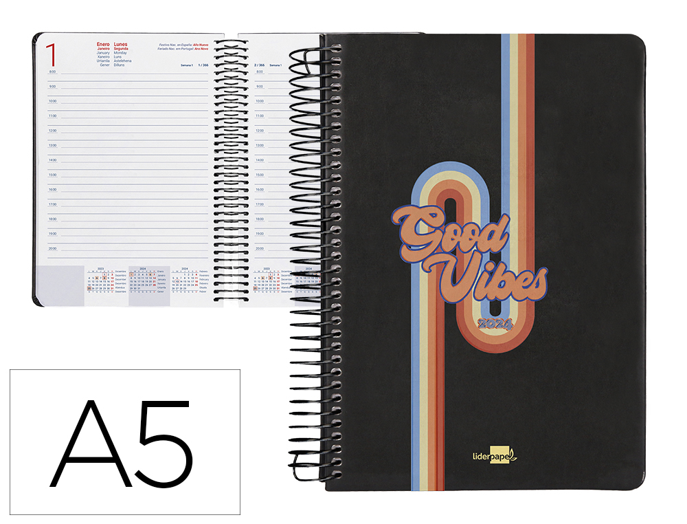 AGENDA ESPIRAL LIDERPAPEL ZANTE 15X21 CM 2024 DIA PAGINA COLOR NEGRO PAPEL 70 GR