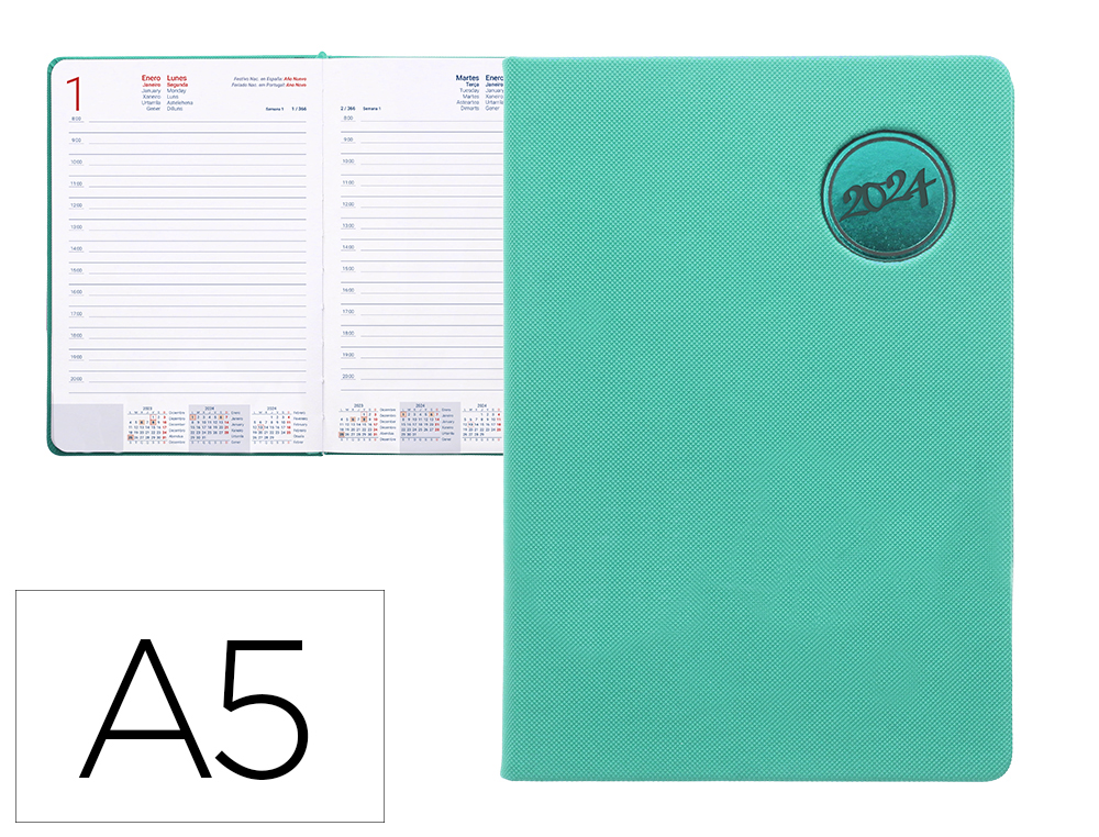 AGENDA ENCUADERNADA LIDERPAPEL KILKIS 15X21 CM 2024 DIA PAGINA COLOR TURQUESA PAPEL 70 GR