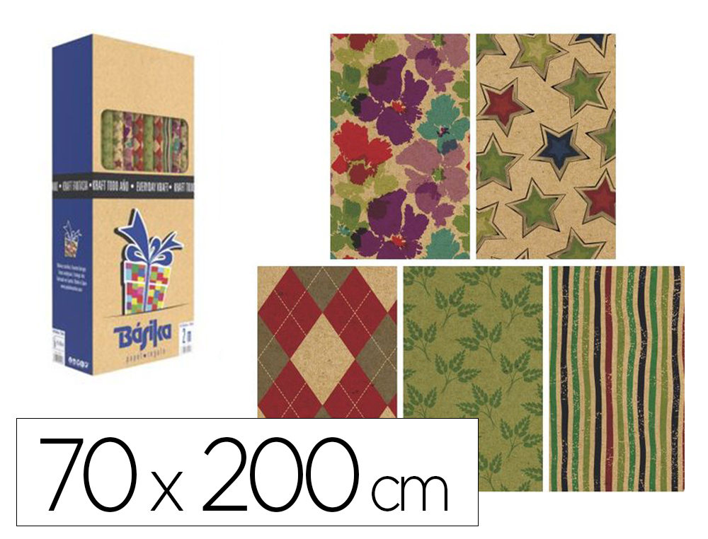 PAPEL DE REGALO BASIKA KRAFT TODO AO ROLLO ANCHO 70 CM LONGITUD 2 M MODELOS SURTIDOS GRAMAJE 50 GR