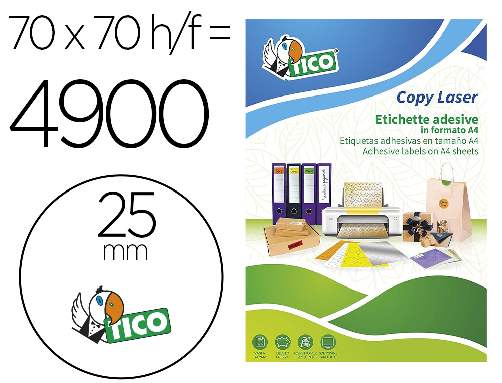 ETIQUETA ADHESIVA TICO NARANJA FLUOR PERMANENTE FSC LASER/ INKJET/FOTOCOPIA REDONDA 25 MM CAJA DE 4900 UNIDADES