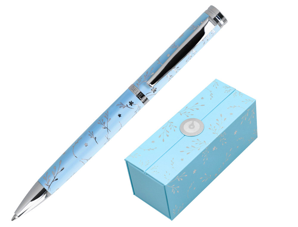 BOLIGRAFO BELIUS BELLA ALUMINIO COLOR AZUL CELESTE DISEO PLATEADO RELIEVE TINTA AZUL CAJA DE DISEO