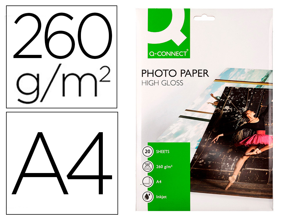 PAPEL Q-CONNECT FOTO GLOSSY KF02163 DIN A4 ALTA CALIDAD DIGITAL PHOTO -PARA INK-JET BOLSA DE 20 HOJAS DE 260 GR