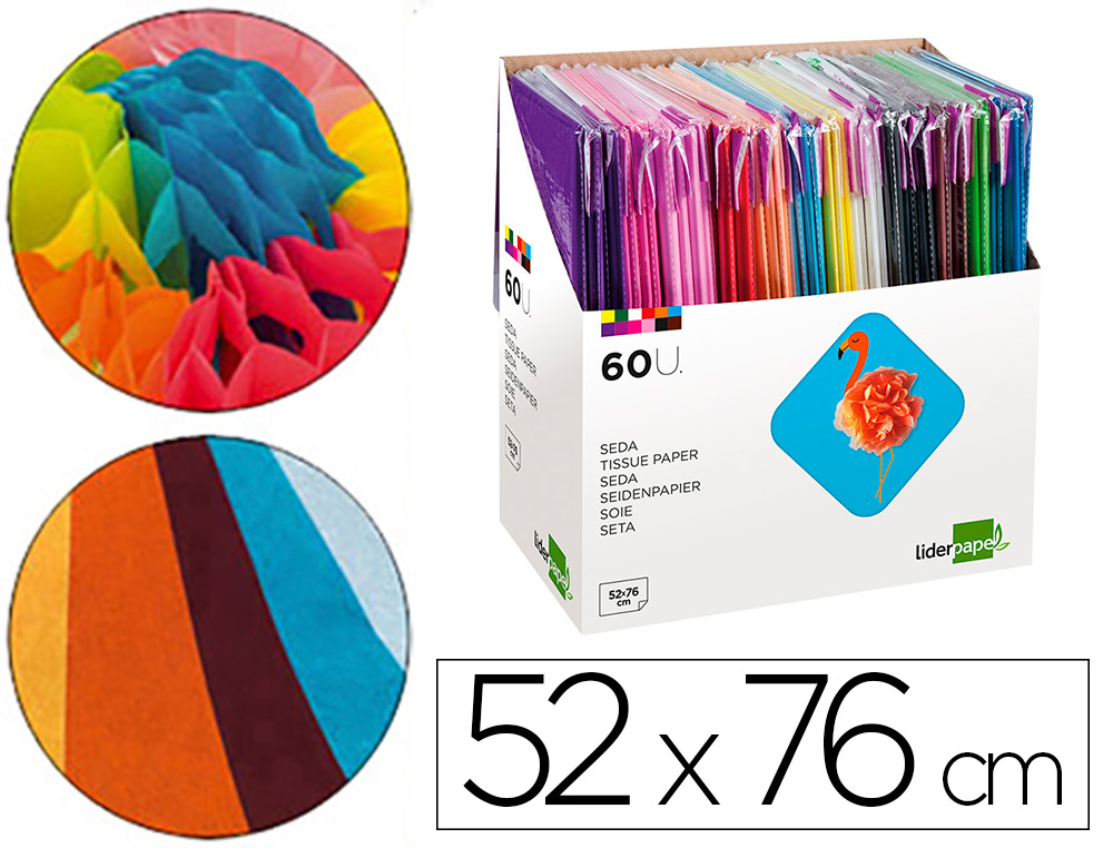 PAPEL SEDA LIDERPAPEL 52X76 CM EXPOSITOR 60 BOLSAS DE 5 HOJAS12 COLORES SURTIDOS