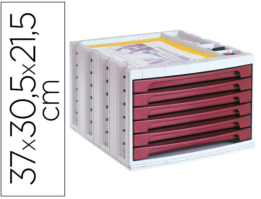 FICHERO CAJONES DE SOBREMESA Q-CONNECT 305X370X215 MM BANDEJA ORGANIZADORA SUPERIOR 6 CAJONES BURDEOS OPACO