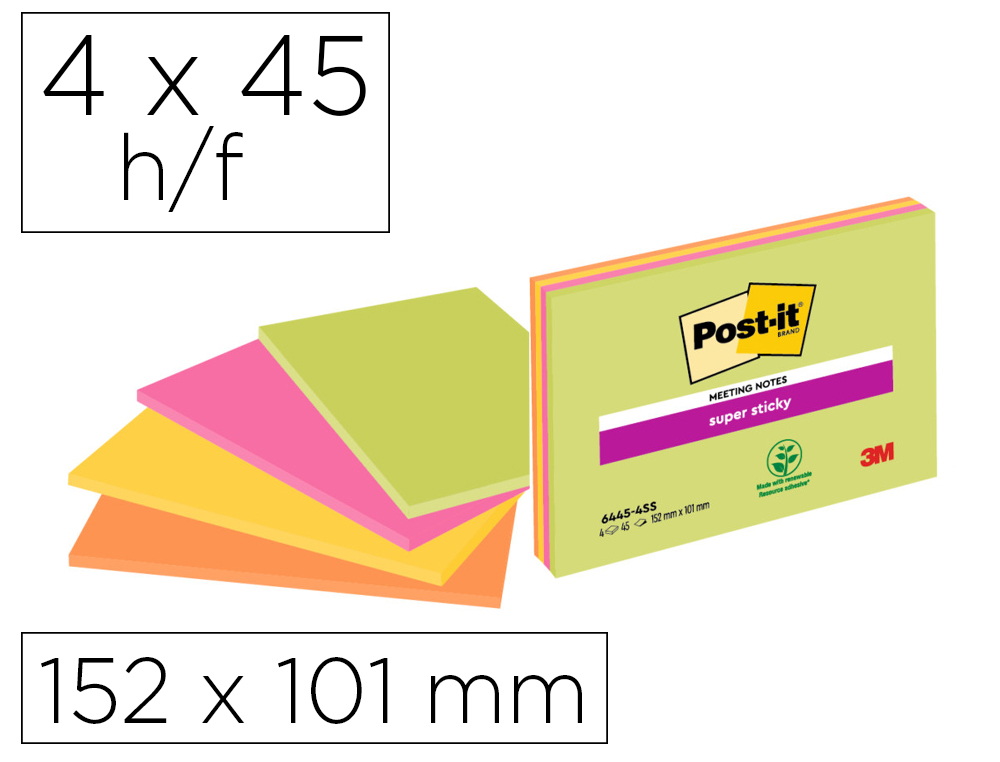 BLOC DE NOTAS ADHESIVAS QUITA Y PON POST-IT SUPER STICKY 149X98 MM CON 45 HOJAS PACK DE 4 UNIDADES COLORES NEON
