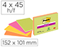 BLOC DE NOTAS ADHESIVAS QUITA Y PON POST-IT SUPER STICKY 149X98 MM CON 45 HOJAS PACK DE 4 UNIDADES COLORES NEON