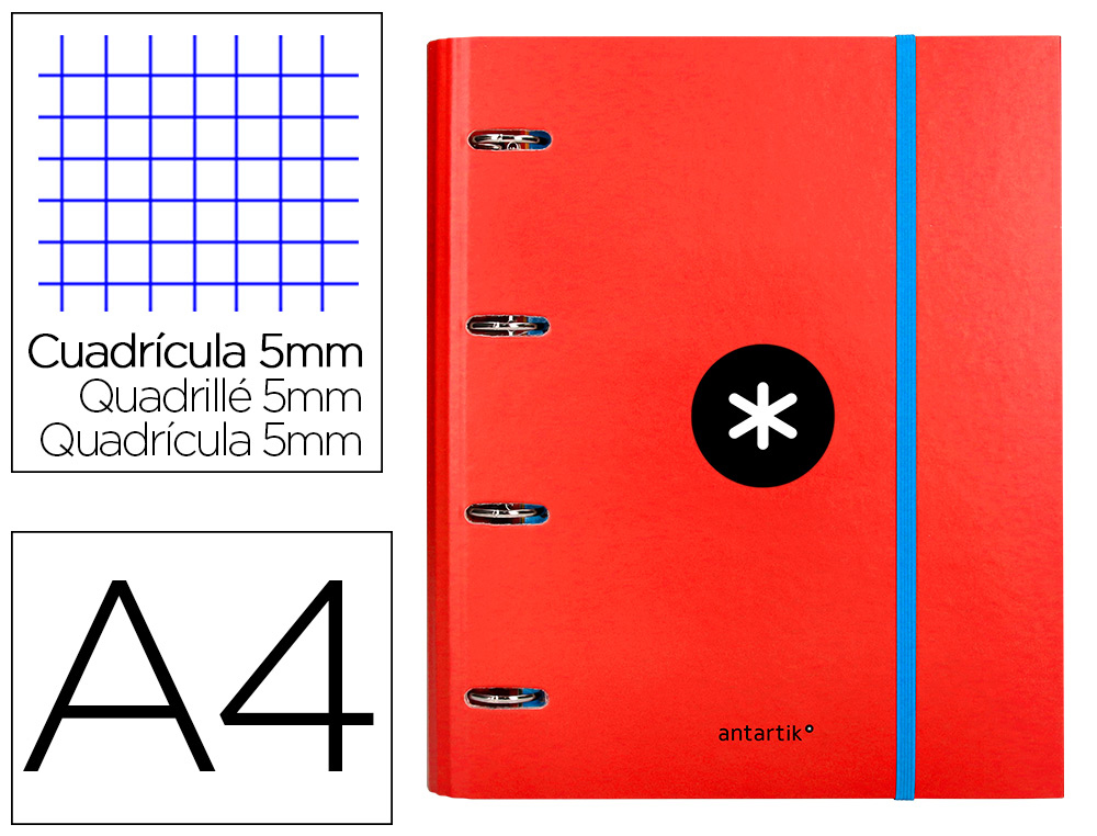 CARPETA CON RECAMBIO LIDERPAPEL ANTARTIK A4 CUADRO 5 MM FORRADA 4 ANILLAS REDONDAS 40MM COLOR ROJO