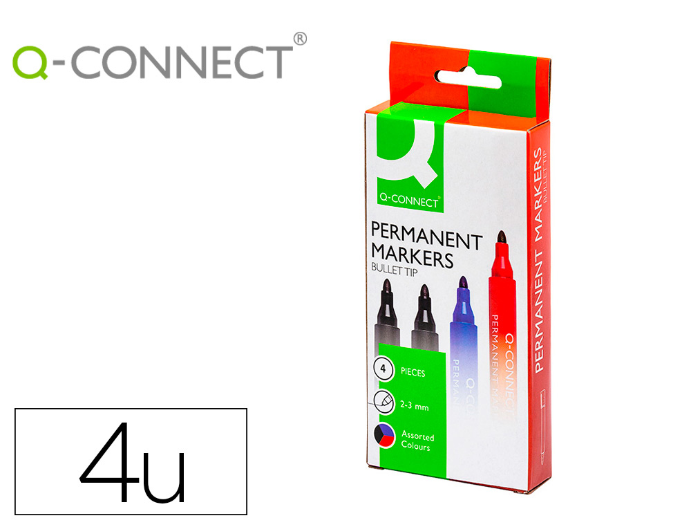 ROTULADOR Q-CONNECT MARCADOR PERMANENTE ESTUCHE DE 4 COLORES SURTIDOS PUNTA REDONDA 3.0 MM