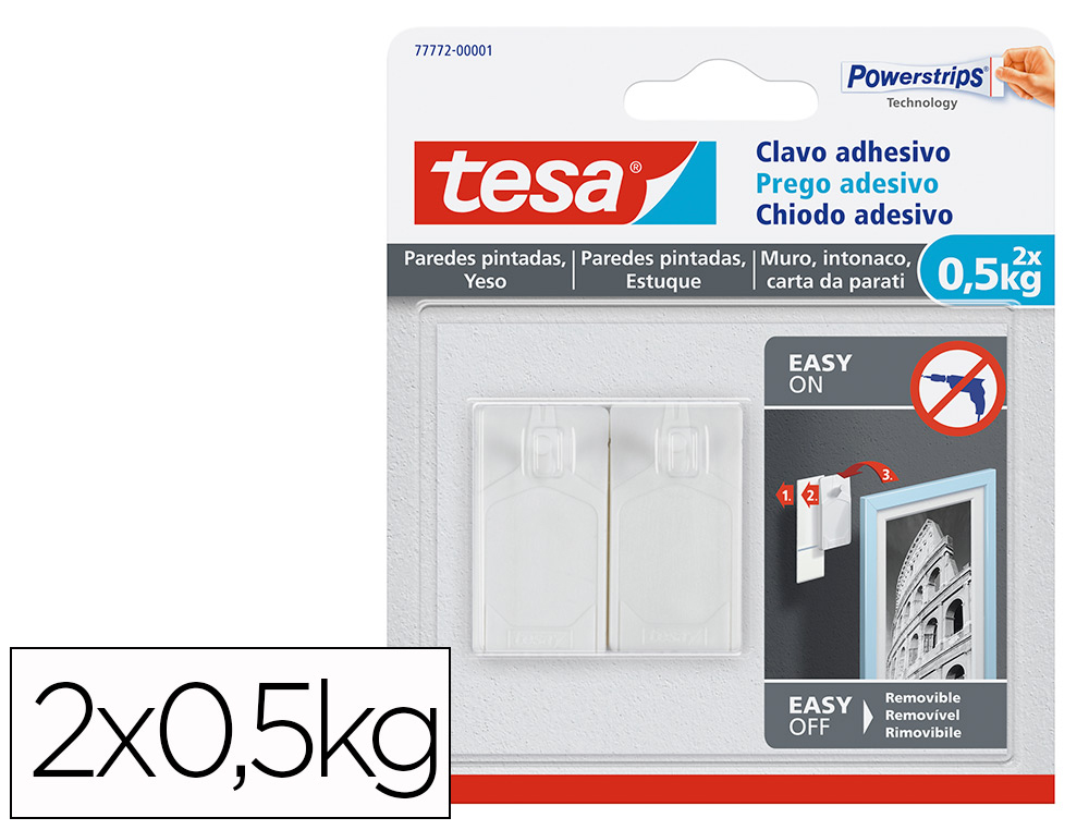CLAVO AUTOADHESIVO TESA SUJECION HASTA 0,5 KG USO PAREDES PINTADAS REMOVIBLE BLISTER DE 2 UNIDADES