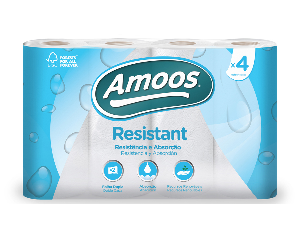 PAPEL DE COCINA AMOOS 2 CAPAS 100 MM DIAMETRO X 224 MM ALTO 42G/M2 36 SERVICIOS PAQUETE DE 4 ROLLOS