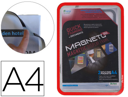 MARCO PORTA ANUNCIOS DJOIS MAGNETO DIN A4 CON 4 BANDAS MAGNETICAS EN EL DORSO COLOR ROJO PACK DE 2 UNIDADES