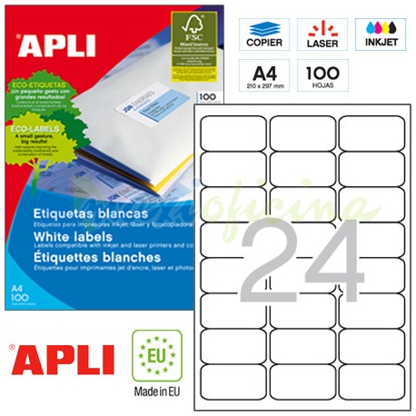 ETIQUETAS ADHESIVAS APLI 02409 - 64*33.9MM - 100 HOJAS A4 - 24 ETIQUETAS POR HOJA - COLOR BLANCO